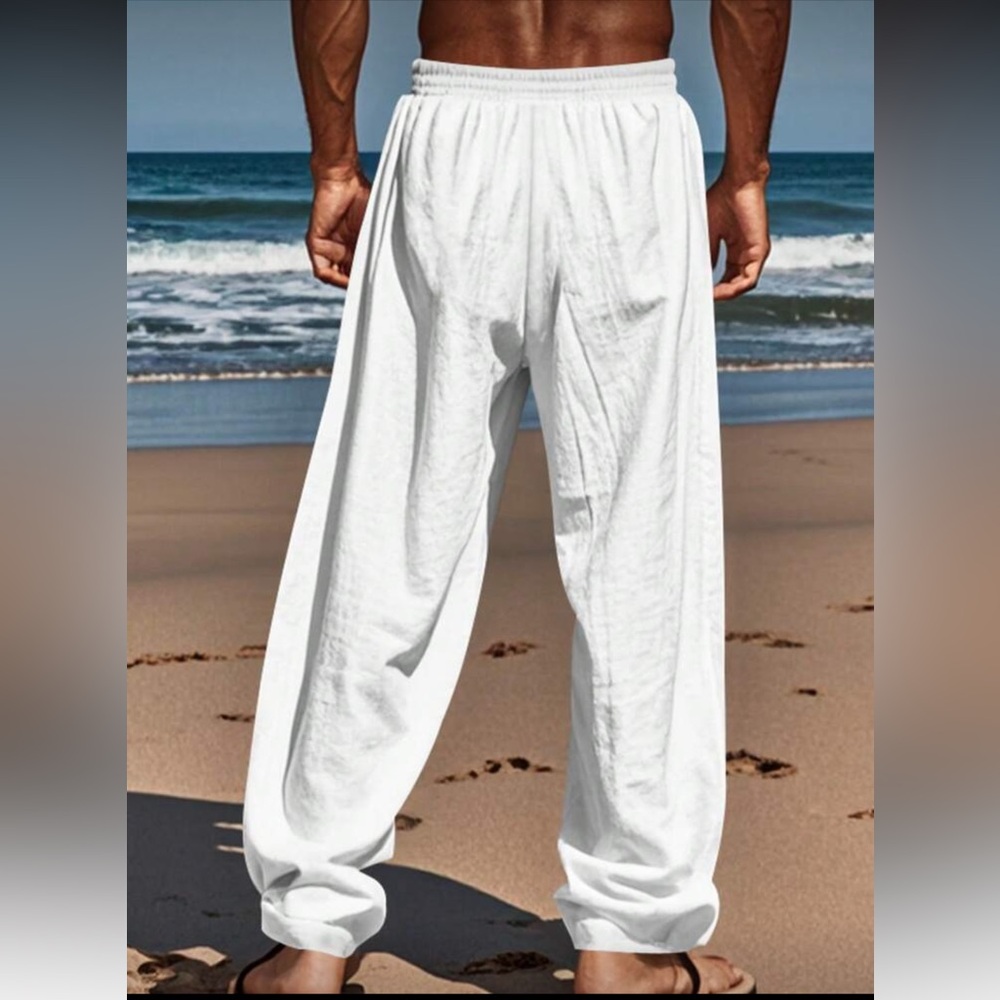 Men's White Linen Drawstring Pants - Picture 2 of 5